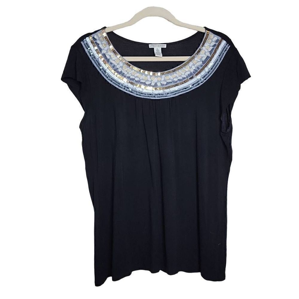 Spring + Mercer Embellished Round Neck Knit Top Black Gold